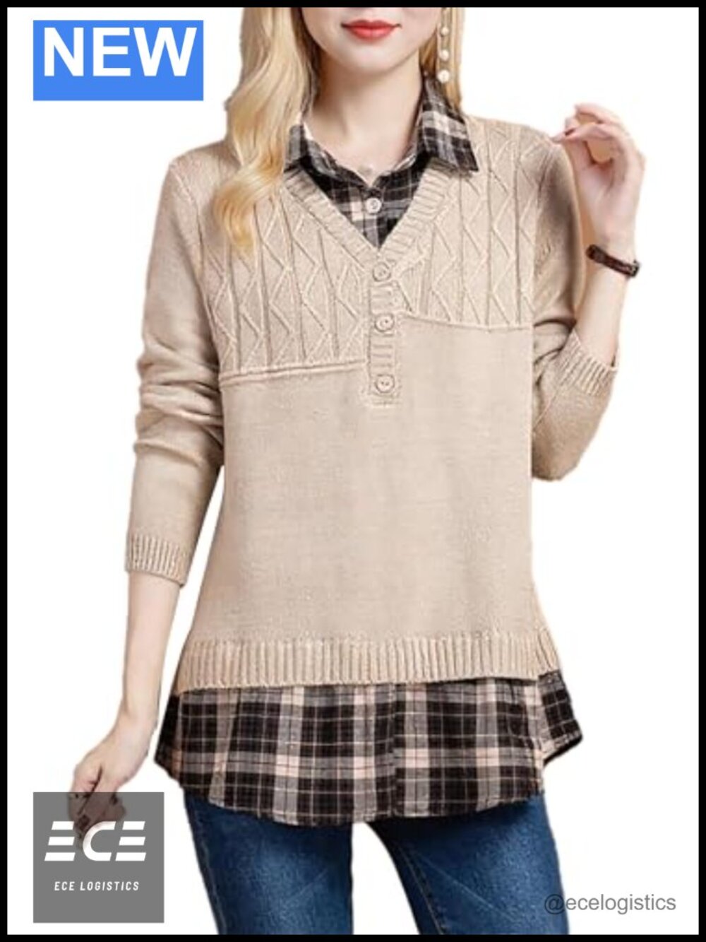 Long Sleeve Knit Layered Look Tunic Top Stripe Collar 2 in 1 Pullover